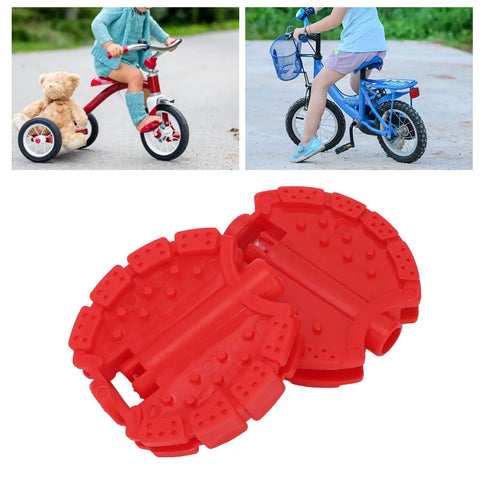 Two Pack Small Bike Pedals For Kids And Tricycles Red Plastic Front Wheel Foot Pedal Accessories Replacement For Mini Bicycles Measuring 6.8 By 6.5 Cm shown next to kids on bikes.