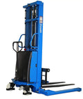 Semi Electric Pallet Stacker Straddle Forklift With Adjustable Forks And Support Legs Engineered For Tight Aisles Running A Beefy 3300 Lb Power Lift Non Stop Warehouse Hustle - side view of blue unit