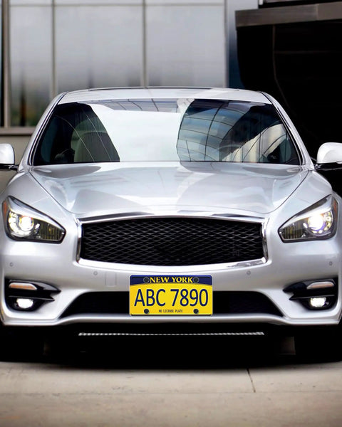 Silver car with Universal Front License Plate Bracket Kit For Cars, Quick Front Mount, Plastic Bumper Tag Adapter