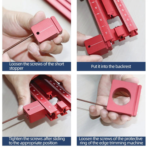 Hassle Free Heavy Duty Adjustable Router Template With Solid Aluminum Rail and Dual Scaling Marks For Woodworking, setup steps showcased.