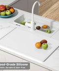 Silicone Coffee Mat 12 By 19 Inches, Waterproof Raised Edge Bar Mat on kitchen counter with fruit, white, anti-slip.