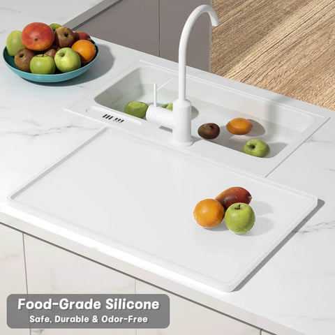 Silicone Coffee Mat 12 By 19 Inches, Waterproof Raised Edge Bar Mat on kitchen counter with fruit, white, anti-slip.