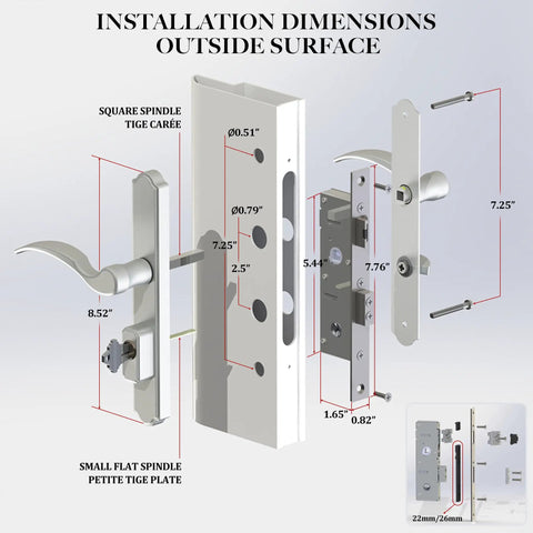 Tough As Nails Brass Storm And Screen Door Handle Set With Solid Lock and Key dimensions showing installation details and measurements.