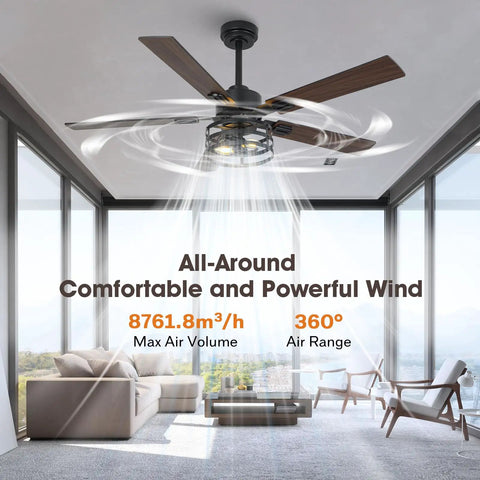 52 Inch Premium Farmhouse Ceiling Fan With Warm Ambient Glow Reversible Dual Finish Blades in bright living room with powerful airflow.