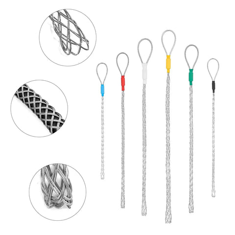Pro 6 Pc Cable Puller Socks Set With Stainless Steel Eye Grips For Electricians in various colors and sizes, showcasing durable wire pulling sleeves.