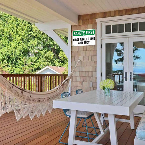 Outdoor porch with Durable 8x12 Inch Aluminum Safety Sign Life Line And Buoy for workplace and public space safety.