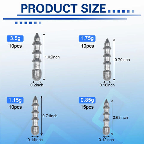 Pro Grade Nail Weights Kit For Bass Fishing 45 Piece Pencil Sinker Set size chart for 0.87g, 1.15g, 1.75g, 3.5g weights