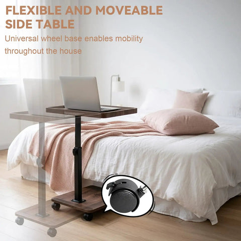Slim C Shaped End Table With Adjustable Height And 360 Degree Swivel Mobile Laptop Desk And TV Tray On Wheels next to bed