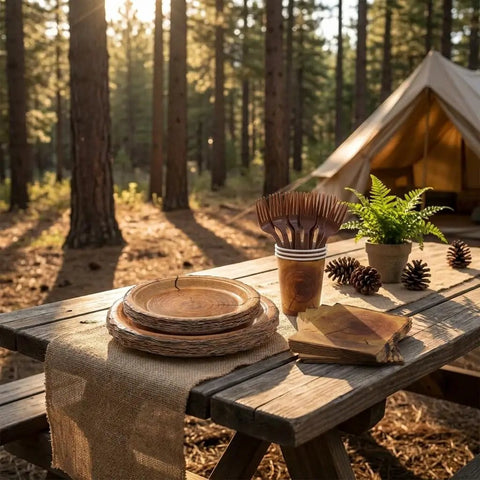 144 Pcs Disposable Rustic Wood Grain Slice Tableware Set For 24 Guests displayed on picnic table in forest setting