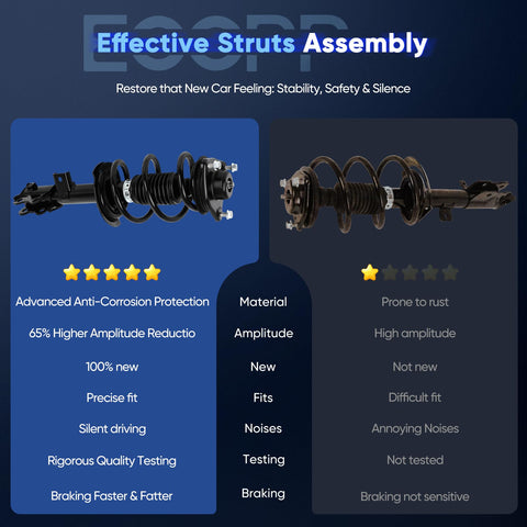 Comparison of two complete strut assemblies, highlighting anticorrosion and performance with visual ratings and features.