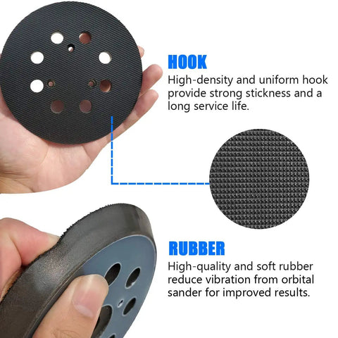 Close-up of a 5 Inch Hook And Loop Sander Pad For Orbital Sanders, Pro Grade, showing hook surface and rubber backing.