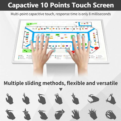 Capacitive 10 points touch screen showing hands interacting, designed for Top Shelf 32 Inch Capacitive Touch Screen Kiosk Slick Interactive Lcd Digital Signage For Mall Navigation And Lobby Directories Android Compatible Multi Point Terminal With Dead Simple Plug And Play Setup.
