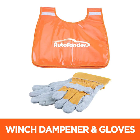 Orange winch dampener with logo and leather gloves from 11 Piece Offroad Recovery Kit For Jeep Truck SUV With Snatch Straps Winch Extension D Shackles Shovel Tire Deflator Leather Gloves Dampener And Gear Bag For Mud Sand Snow Recovery