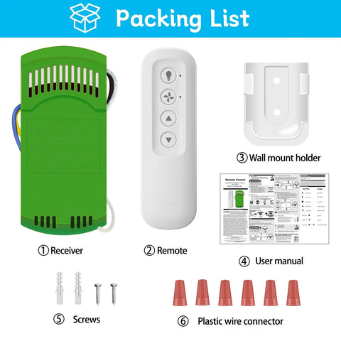 Universal Ceiling Fan Remote Kit With Receiver 3 Speed Remote With Dimmer Replacement For Most Brands No Fuss Setup Easy Install Works With Hampton Bay Westinghouse Honeywell And More shown with included receiver, remote, wall mount holder, user manual, screws, and wire connectors.