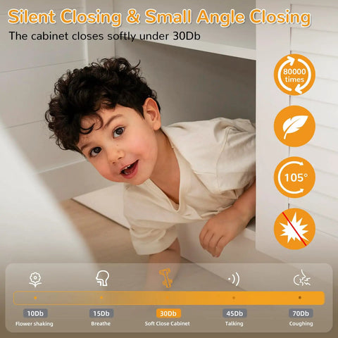 Child peeking out from a cabinet showcasing Silent Closing & Small Angle Closing feature of Four Pack Face Frame Inset Cabinet Hinges Offering Buttery Smooth Slow Close Action Alongside Heavy Duty Three Dimensional Sliding Plates For Seamless Flush Door Alignment.