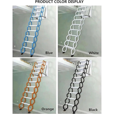 Heavy Duty Electric Pull Down Attic Stairs Folding Loft Ladder Telescopic Ceiling Access in blue, white, orange, and black colors.