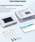 Package contents of Upgraded Non Programmable Thermostat For Home 1 Heat 1 Cool Single Stage System with LCD display and accessories.