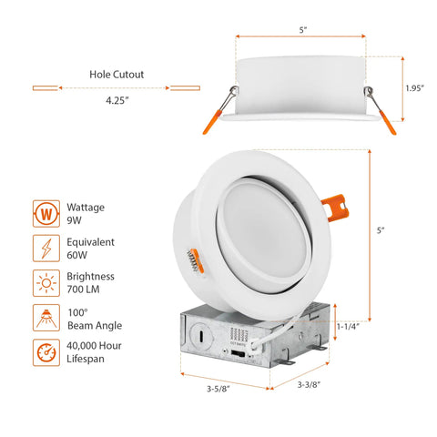 Diagram of 4 Pack 4-Inch Gimbal LED Recessed Downlights 2700K-6000K Color Temperature Adjustable Dimmable Air-Tight IC Rated