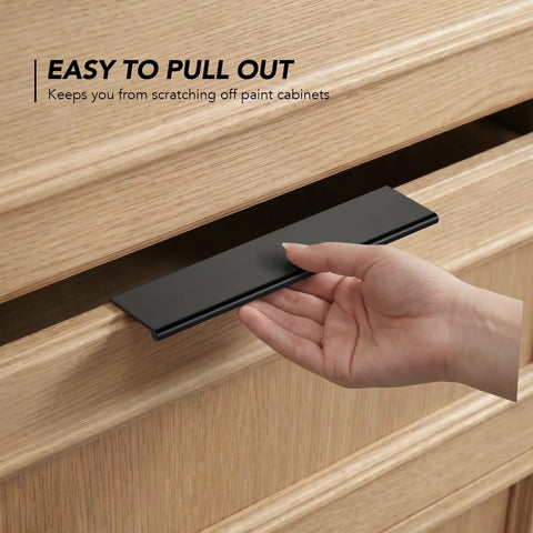 Hand using Matte Black 5 Inch Finger Edge Cabinet Pulls 10 Pack for Kitchen Cabinets and Dresser Drawers, 128mm Hole Center