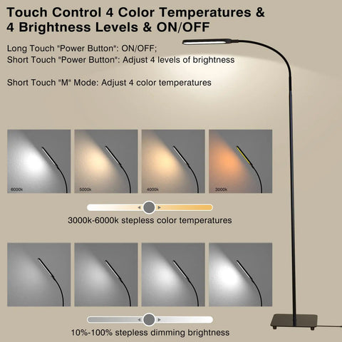 LED Floor Lamp Tall Standing Light With 4 Brightness Levels And 4 Color Temperatures Dope Gooseneck, Touch Control features.
