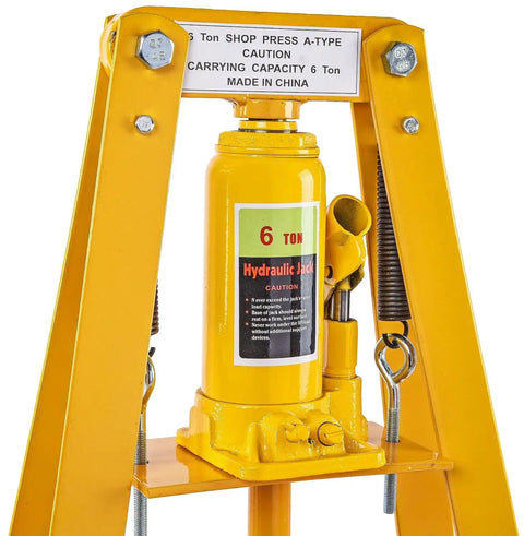 Hydraulic Shop Press With Steel Frame And Yellow Finish 6 Ton Bench Top Mount 4 1/4 Inch Working Range Includes 2 Press Plates Lever Action A Frame For Bushings Bearings Ball Joints Pulleys And Gears close-up view