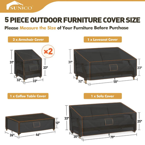 5-Piece Outdoor Patio Furniture Cover Set For All-Weather Protection with dimensions for chair, loveseat, sofa, coffee table