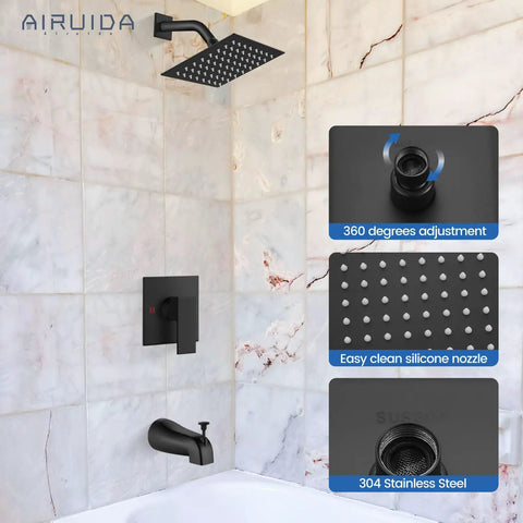 Hassle Free Matte Black Shower Faucet Set With Six Inch Rainhead And Tub Spout Solid Brass Rough In Valve All In One Bath Kit That Makes Renovations Dead Simple