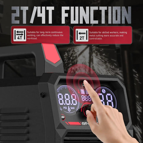 Close-up of 50 Amp Plasma Cutter With Dual Voltage 110 220V IGBT Inverter Air Powered Cutting Machine Large Digital Display.