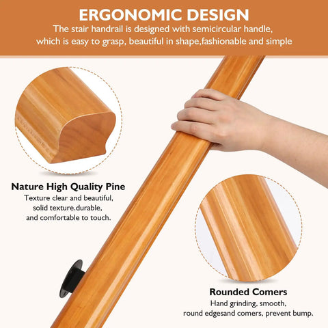 Rock Solid 2 Ft Premium Wood Stair Handrail For Indoor Outdoor Walls showing ergonomic semicircular handle and rounded corners.