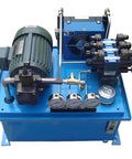Top Shelf Certified Hydraulic Power Unit And Pump Motor Station With No Hassle Plug And Play Setup Featuring Versatile 220v 380v 460v Wiring And Rock Solid 10hp To 30hp Electric Motors Built For Grunt Work And Heavy Lifting Tasks in blue design with gauges and motor.