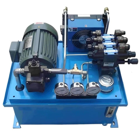 Top Shelf Certified Hydraulic Power Unit And Pump Motor Station With No Hassle Plug And Play Setup Featuring Versatile 220v 380v 460v Wiring And Rock Solid 10hp To 30hp Electric Motors Built For Grunt Work And Heavy Lifting Tasks in blue design with gauges and motor.