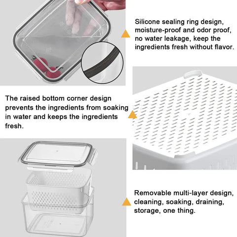 Three Pack Fridge Storage Containers With Lids And Strainer Basket That Keeps Fruits Vegetables Berry And Meat Fresh Longer BPA Free