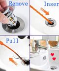 4-step process using 6 Pack Hair Drain Clog Remover Tools Kit With Plastic Sticks And One Stainless Steel Cleaner in a sink