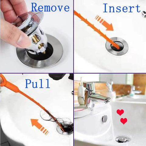4-step process using 6 Pack Hair Drain Clog Remover Tools Kit With Plastic Sticks And One Stainless Steel Cleaner in a sink