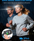 Two people wearing TS 2 Headlamp With Dual Spotlight Floodlight And Strobe LED Rechargeable 2400mAh Long Lasting Hands Free Head Torch in rain.