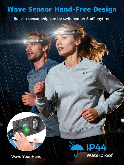 Two people wearing TS 2 Headlamp With Dual Spotlight Floodlight And Strobe LED Rechargeable 2400mAh Long Lasting Hands Free Head Torch in rain.