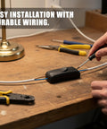 Two Pack Black Thumb Control Inline Power Button Switches For Lamps And Small Devices being installed on a wire