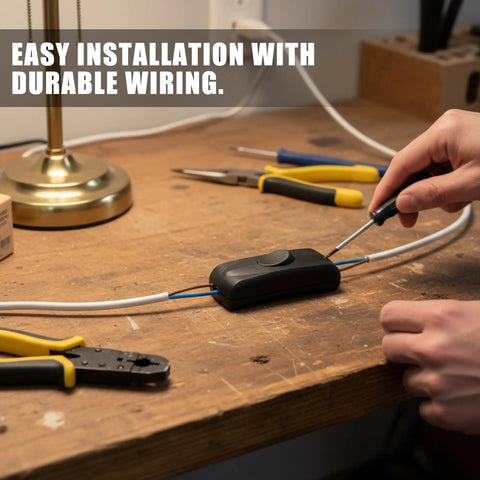 Two Pack Black Thumb Control Inline Power Button Switches For Lamps And Small Devices being installed on a wire