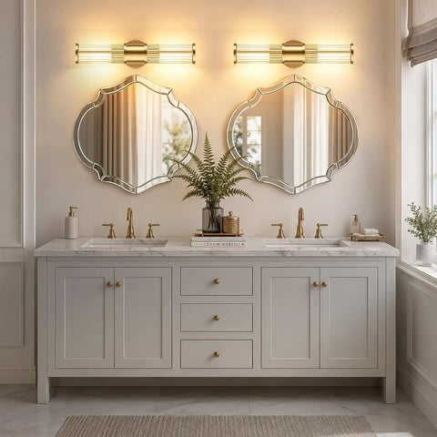 Klighten Hardwired Wall Sconce Modern Brushed Brass Bathroom Vanity Light above gray double sink vanity with mirrors