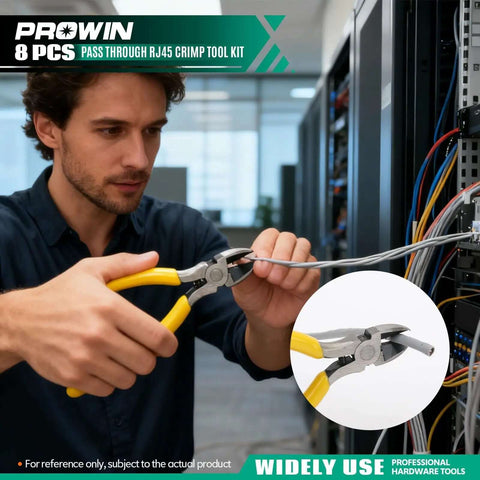 All In One Pass Through RJ45 Crimper Kit With Cable Tester And Stripper For Cat5 To Cat6a, RJ11 RJ12 Connectors Pro Grade Ethernet tool in use