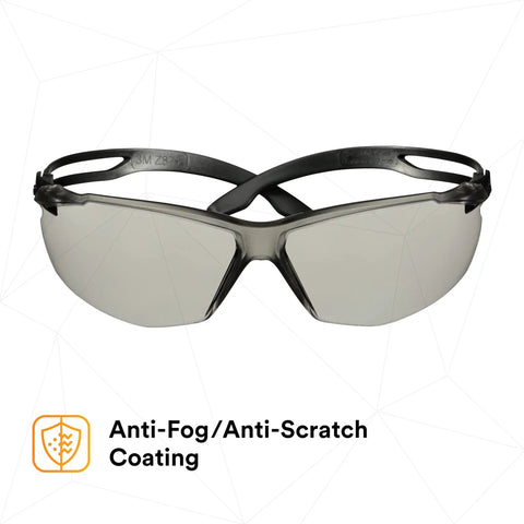 SecureFit 500 Series Safety Glasses With Adjustable Ratchet Temples All Day Comfort Anti Fog Anti Scratch Gray Lens Black Frame ANSI Z87 Impact Rated Indoor Outdoor Sporty Eye Protection, front view