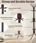 Three Tier Freestanding Coat Rack With Fifteen Hooks, sturdy metal design, strong base, brown finish, detail view of hooks and base.