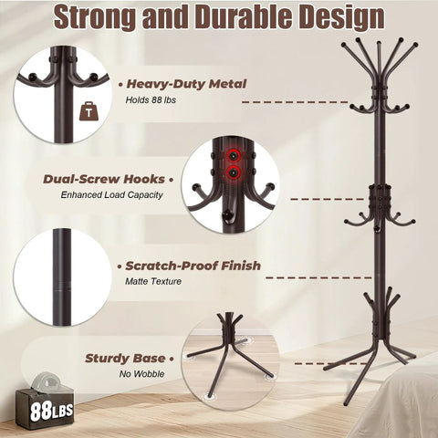 Three Tier Freestanding Coat Rack With Fifteen Hooks, sturdy metal design, strong base, brown finish, detail view of hooks and base.