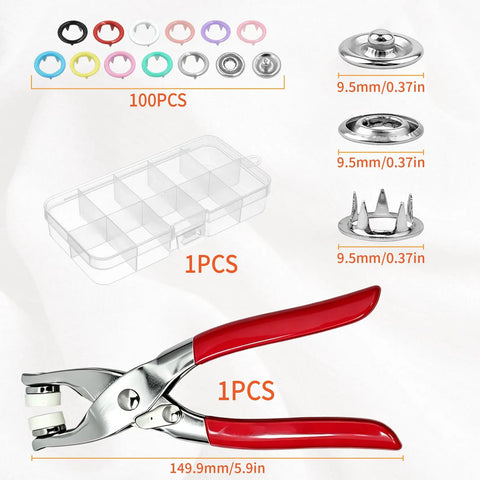 Straight Up Pro Level Snap Button Tool Kit With Tough Pliers Featuring 100 Sets Of 95Mm Metal Fasteners For Everyday Garment Repairs And Totally Sick DIY Projects with red pliers and metal fasteners.
