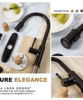 Oil Rubbed Bronze Pull Down Kitchen Faucet With Sprayer, Sleek Single Handle Design, Fits 1 Or 3 Hole Sinks, Deck Plate Included, 17 Inch Tall Under Cabinet Friendly, Modern Bronze Faucet For Your Kitchen Sink KF421-ORB shown from multiple angles with accessories.