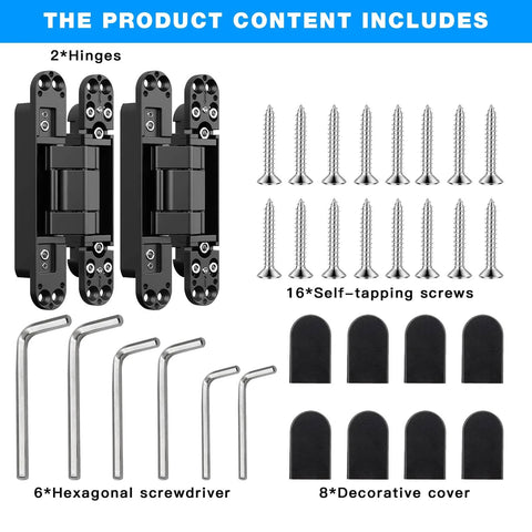 Product components for Hidden Door Hinges 6 Inch Heavy Duty 2 Pack Concealed 3D Adjustable Butt Hinges With 180 Degree Swing And 88 LB Capacity