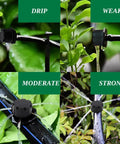 200 Pack Adjustable Drippers For Micro Irrigation, One Quarter Inch Barbed Emitter Sprinklers For Watering System shown in various flow settings