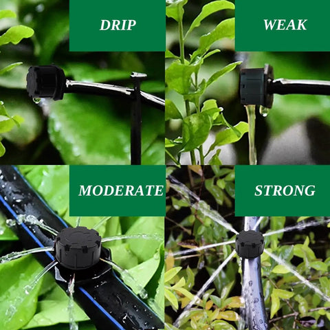 200 Pack Adjustable Drippers For Micro Irrigation, One Quarter Inch Barbed Emitter Sprinklers For Watering System shown in various flow settings