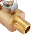 Close-up of Heavy Duty Brass Inline Mini Ball Valve Shut Off With 180 Degree Handle And One Eighth Inch NPT Female Pipe Fittings
