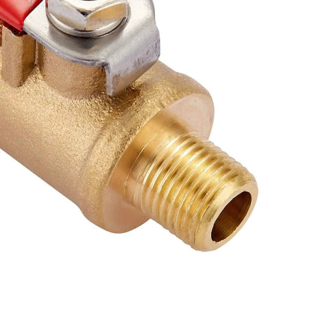 Close-up of Heavy Duty Brass Inline Mini Ball Valve Shut Off With 180 Degree Handle And One Eighth Inch NPT Female Pipe Fittings